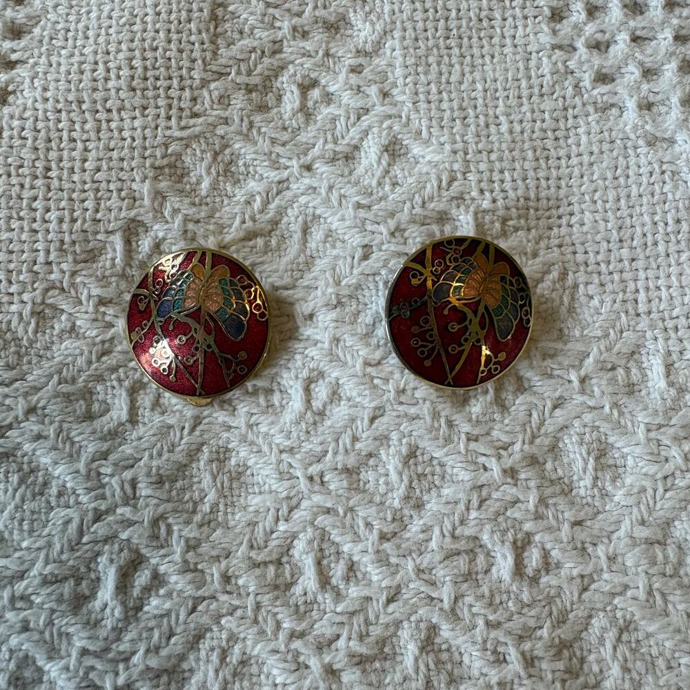 Vintage Cloisonné enamel clip on earrings butterfly pattern